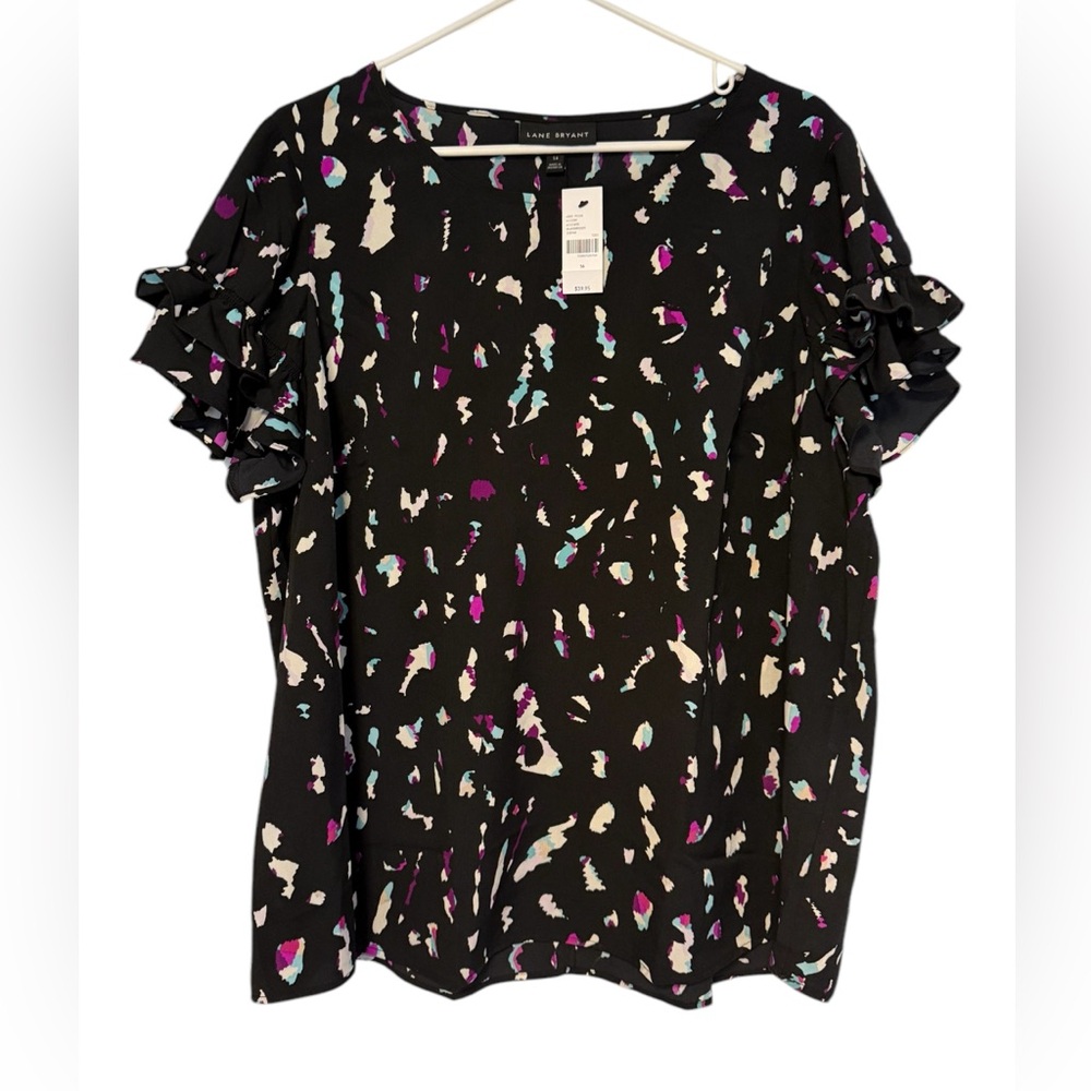 NWT Lane Bryant Cream:Black and Pink Flutter Sleeve Blouse Boho Sz16